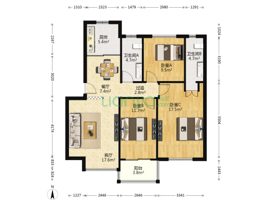 水岸菁华 3室2厅2卫 96平方