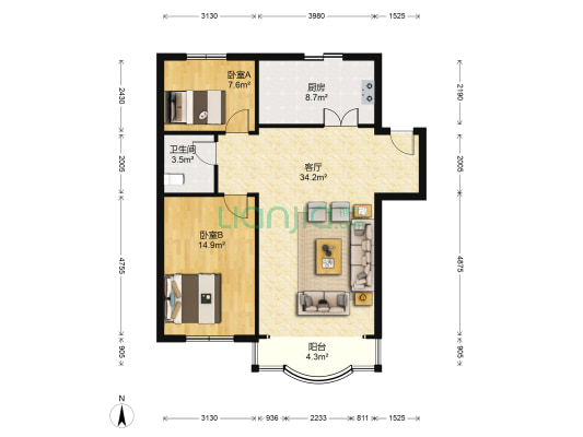 鸿泽园 2室1厅1卫 92平方