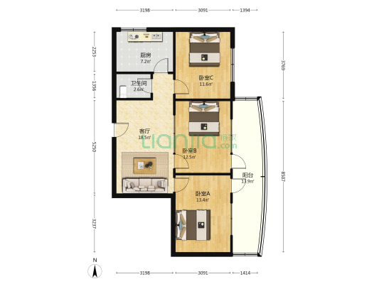 富水北路63号 3室1厅1卫 94平方
