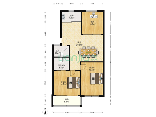 雁湖住宅区三组团 3室1厅2卫 98平方