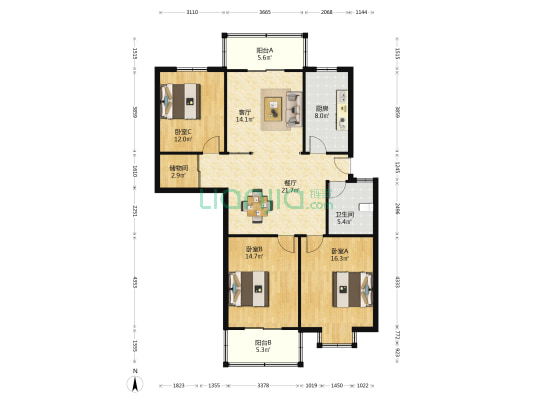 鑫鑫花园 3室2厅1卫 126平方