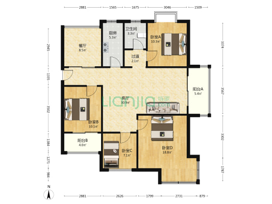 柠檬花园 4室2厅1卫 118平方