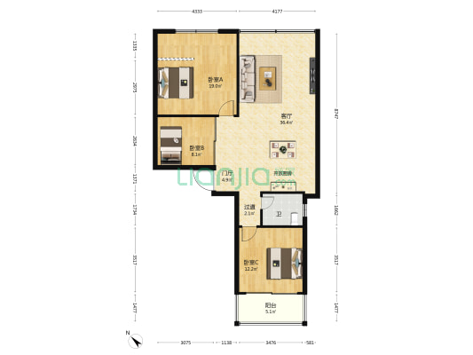 滨江广场 3室1厅1卫 113平方