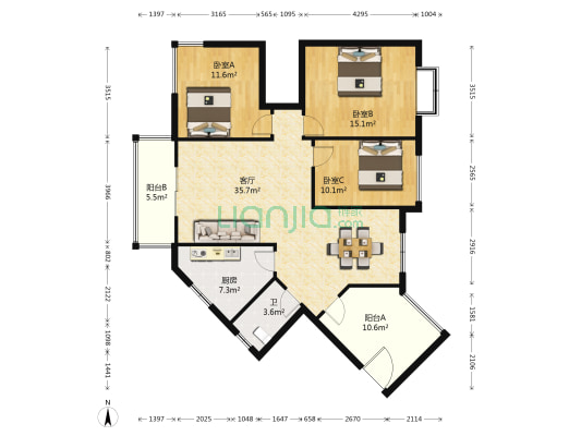 万豪水岸枫林 3室1厅1卫 115平方