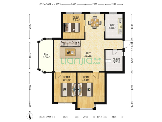 上海假日一二期 3室1厅1卫 110平方
