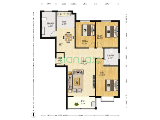 清华苑 3室1厅2卫 137平方