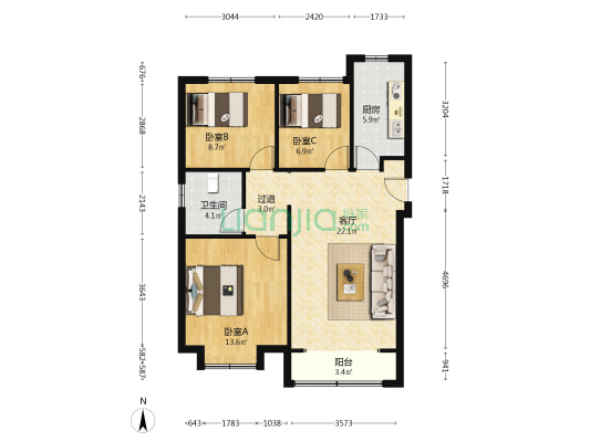 绿地空港西斯莱公馆 3室1厅1卫 101平方