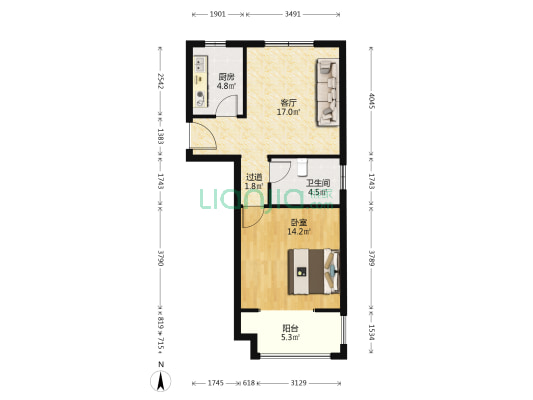 山水新城三期B区 1室1厅1卫 65平方