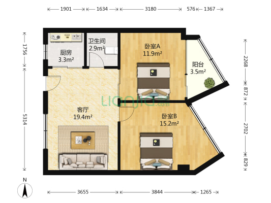 财富新都 2室1厅1卫 84平方