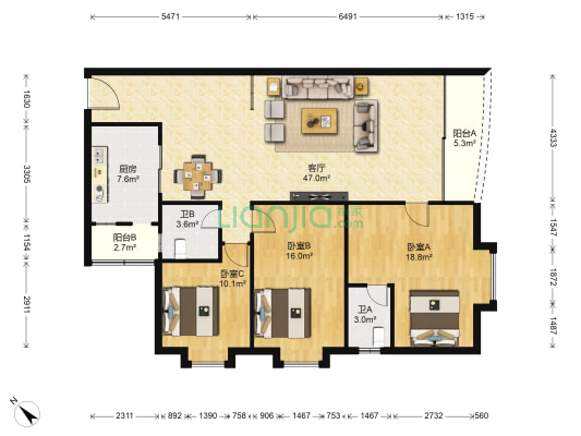 金廓小区 3室1厅2卫 128平方