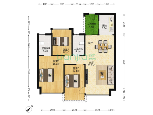 愉翠龙湖 3室1厅2卫 92平方