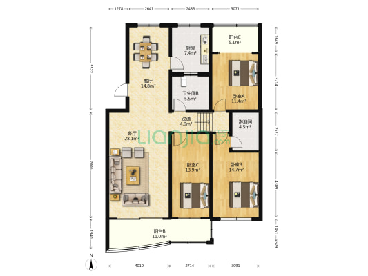 银宝小区 3室2厅2卫 147平方