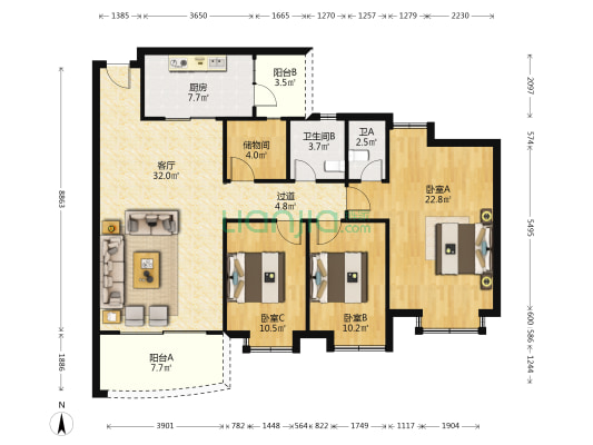 天紫华庭 3室1厅2卫 120平方