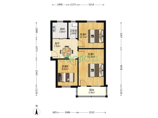 杏花街1幢 3室1厅1卫 62平方