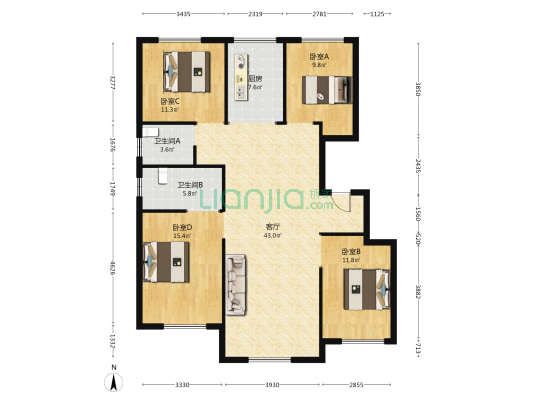 保利·天悦一期 4室1厅2卫 137平方