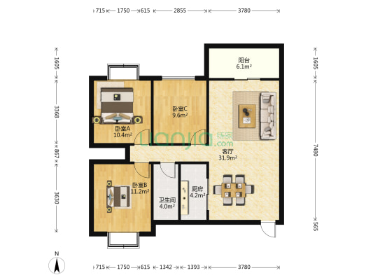 江军苑 3室1厅1卫 105平方