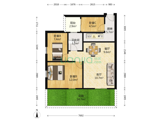 翠怡花园 3室2厅1卫 66平方
