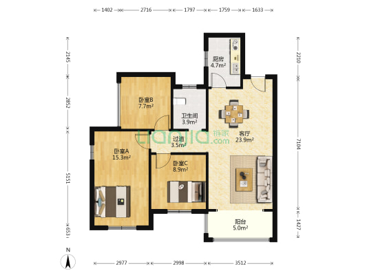 荣盛岳麓峰景 3室1厅1卫 96平方