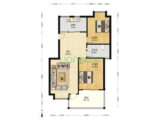 凯金世家花园 2室1厅1卫 96平方