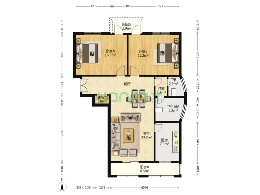 马赛花园 2室1厅2卫 124平方