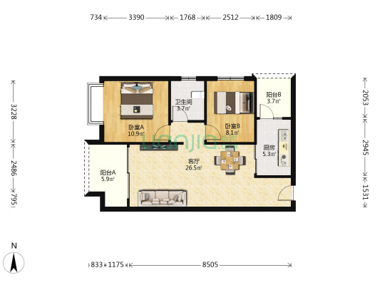鸿光华府 2室1厅1卫 80平方