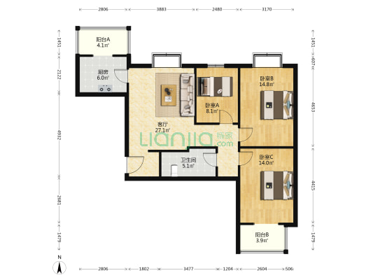 房苑小区 3室1厅1卫 110平方