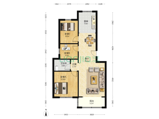 蔚蓝水岸 3室1厅1卫 95平方