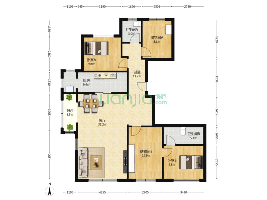 万科翡翠华章 2室1厅2卫 160平方