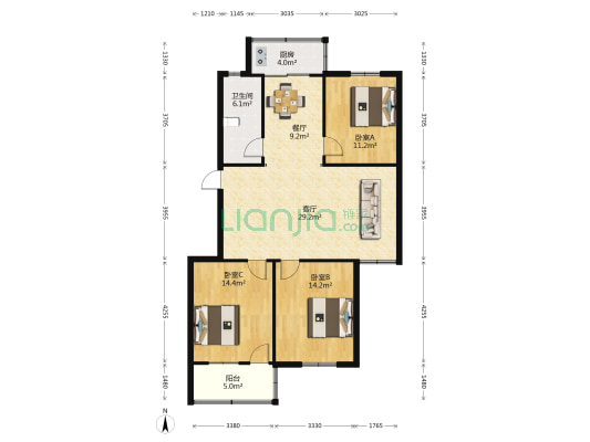 大桥新村桂花苑 3室2厅1卫 117平方