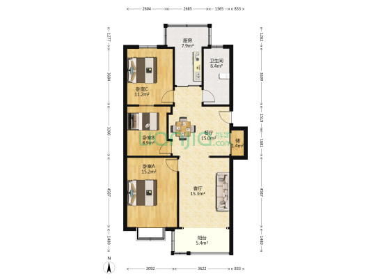 大达花苑 3室2厅1卫 103平方