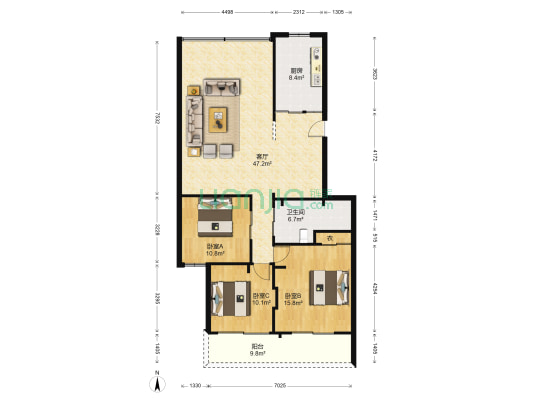 聚鑫苑 3室1厅1卫 128平方