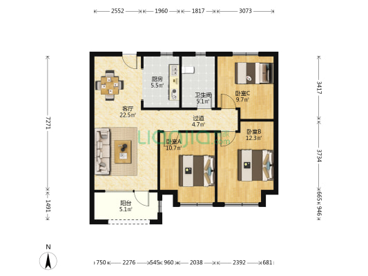 金地自在城北区 3室1厅1卫 104平方