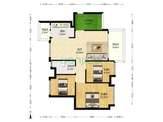 世源天际阳光 3室1厅1卫 102平方