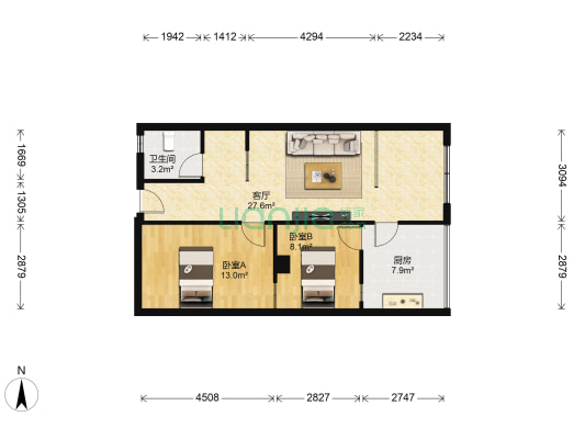 东方华美苑 2室1厅1卫 73平方