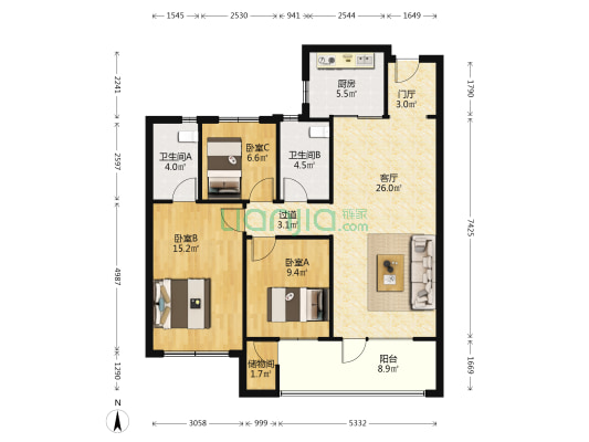 保利大国璟 3室1厅2卫 119平方