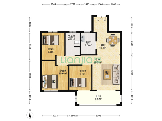吾悦华府 3室2厅1卫 108平方