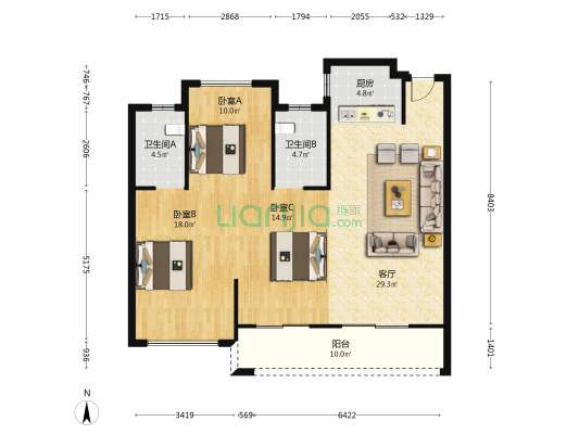 今卓华庭 3室1厅2卫 114平方