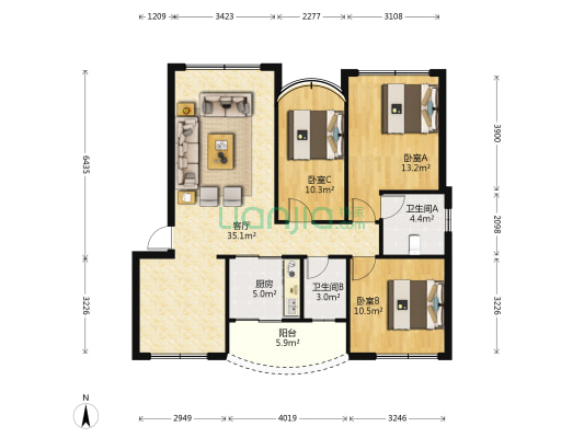 怡华花园 3室1厅2卫 103平方