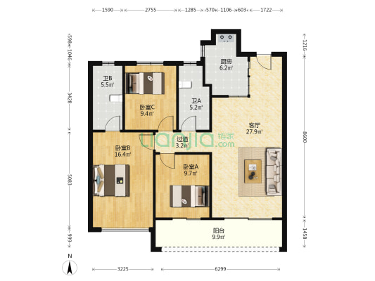 杭珹未来中心 3室1厅2卫 121平方