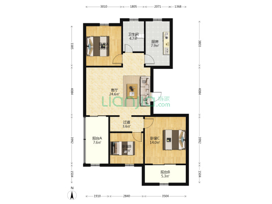 联升富贵苑 3室1厅1卫 110平方
