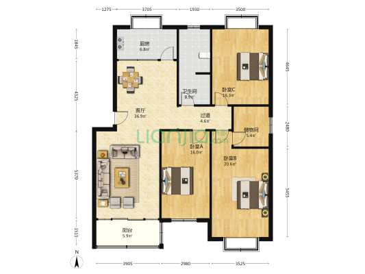 鑫苑小区 3室1厅1卫 148平方