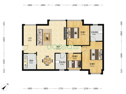 檀香花园 3室1厅2卫 105平方