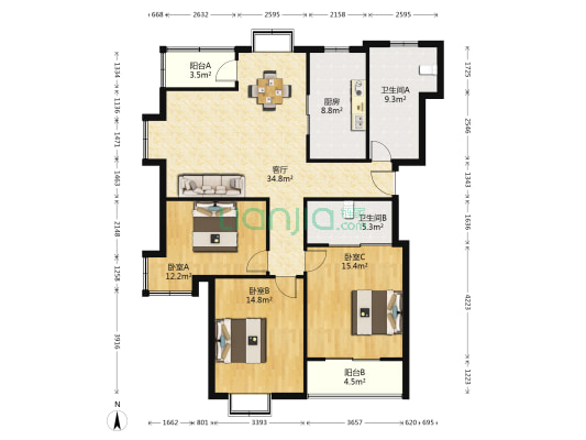华兴嘉园南园 3室1厅2卫 132平方