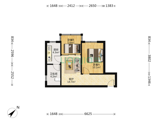 茶店子南街1号 2室1厅1卫 48平方