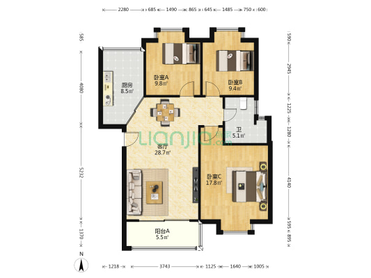 美乐居 3室1厅1卫 97平方