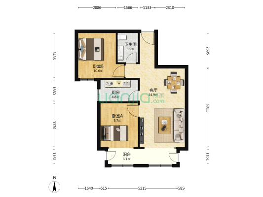 东方理想城 2室1厅1卫 84平方