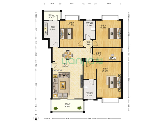 建川梦追湾公馆 4室1厅2卫 159平方