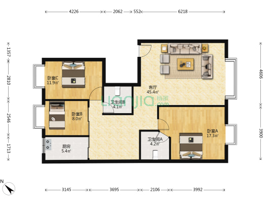 明秀宫 3室1厅2卫 125平方