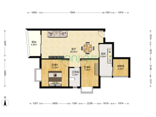保利香槟花园D区 2室1厅1卫 86平方