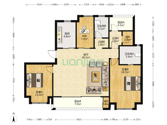 瑧望花园 3室1厅2卫 143平方